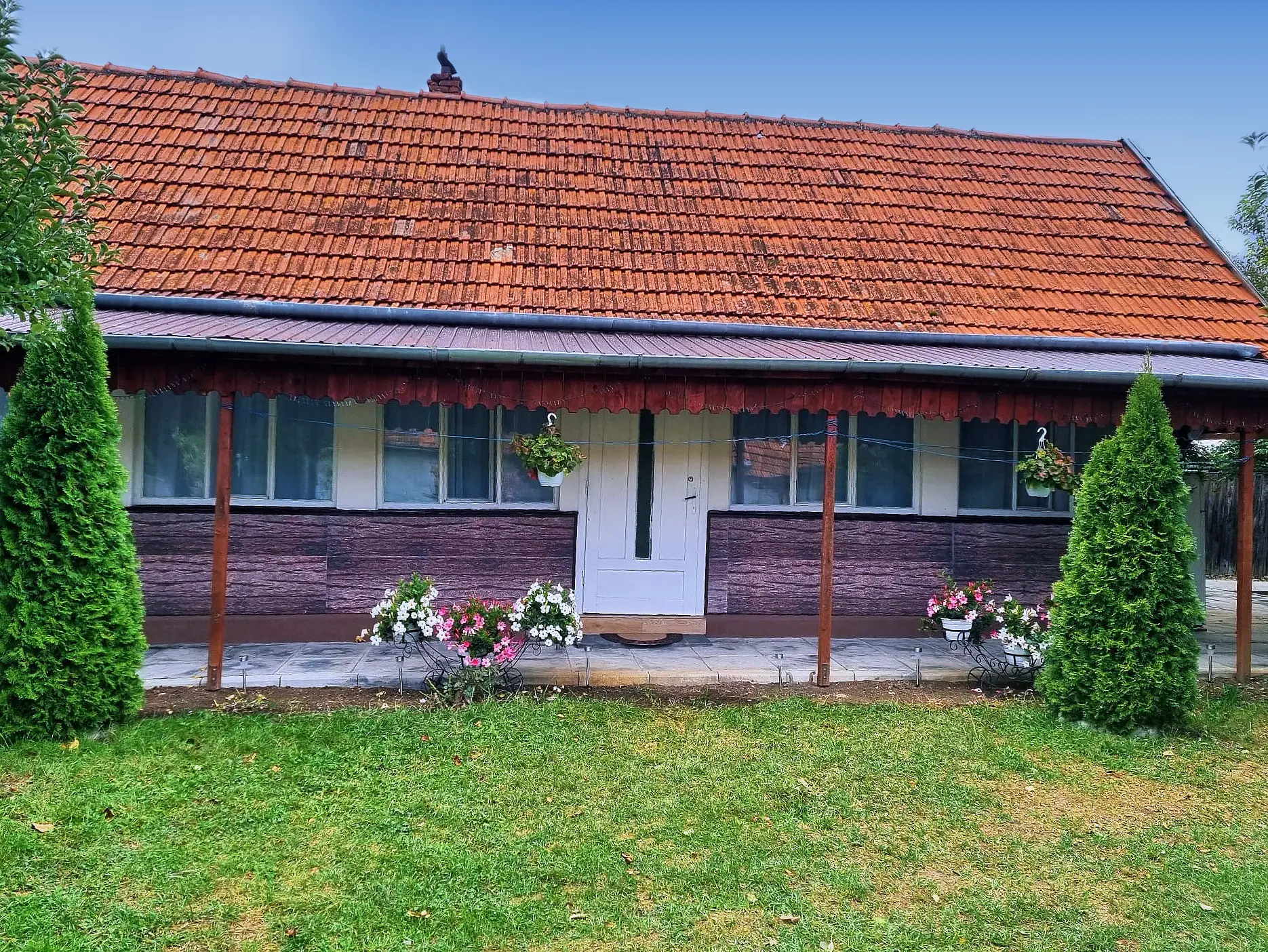 Casa Steluța din Ocna Mureș: casă cu acoperiș de țiglă, flori la intrare și gazon